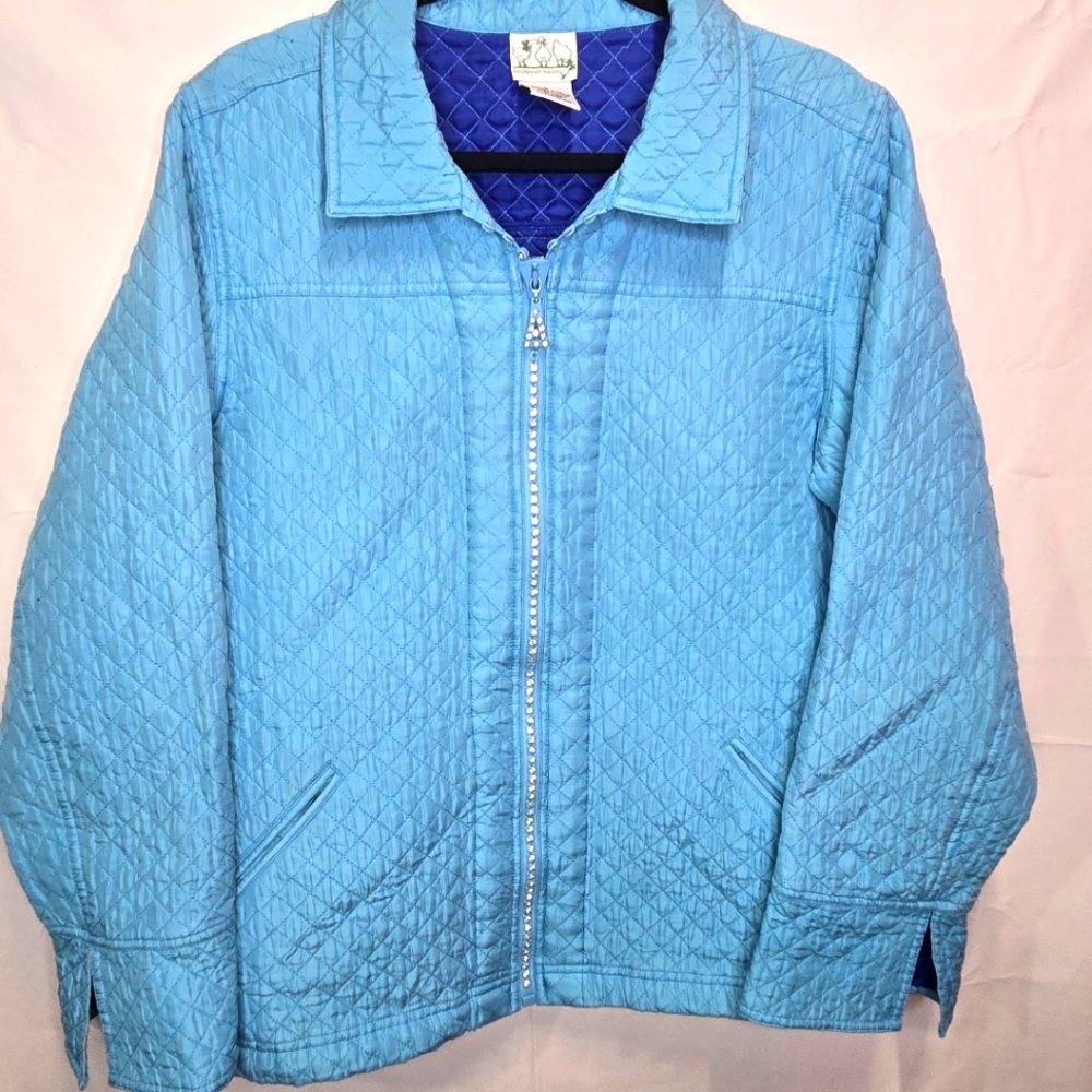 The Quaker Factory Quilted 100% Silk Jacket Blue Full Zip Rhinestones Sz. Lg